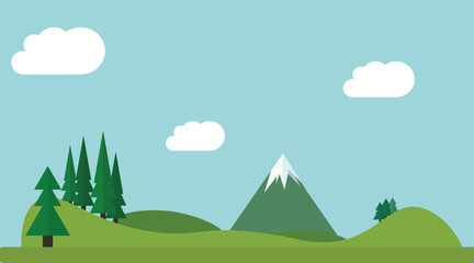 Scenic hills and nature landscape vector design with layered green mountains, blue sky, and natural elements, perfect for posters, backgrounds, and outdoor-themed illustrations.