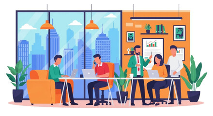 Diverse team collaborating in a modern office, perfect for illustrating teamwork, business success, or a company profile.