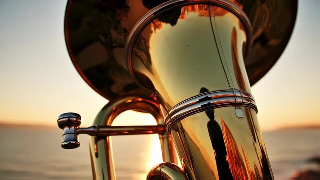 Golden Tuba at Sunset Musical instrument with brass background.