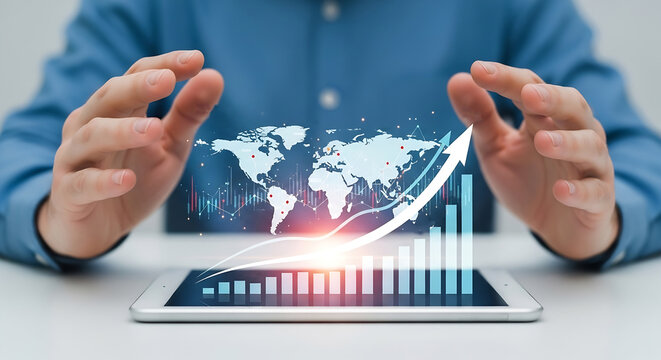 Global Business Growth Strategy: Man Presenting Financial Data Visualization on Tablet, Investment Analysis, Economic Expansion, International Market Trends, Digital Finance, Corporate Success  - Powered by Adobe
