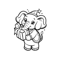 Line art illustration of a cute baby elephant wearing a Christmas hat and holding a wrapped gift box with a bow.