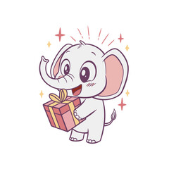 A cute cartoon baby elephant holds a pink gift box with a yellow bow, radiating joy and excitement.
