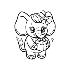 A cute cartoon elephant with a bow on its head holds a wrapped gift box with a bow, outlined in black and white.