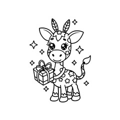 A cute cartoon giraffe with feathers on its head holds a gift box, surrounded by sparkling stars.