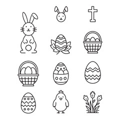 Set of easter symbols and elements drawn in a simple black and white outline