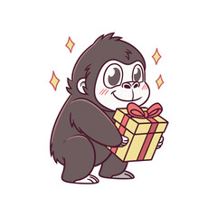 A cute cartoon gorilla holds a wrapped gift box with a red bow, surrounded by sparkling stars, isolated on a white background.