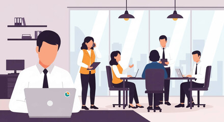 Diverse business team collaborating in a modern office, ideal for website banners or presentations.