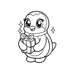 A cute cartoon penguin holding a wrapped gift with a bow, surrounded by sparkling stars, presented in a black and white line drawing.