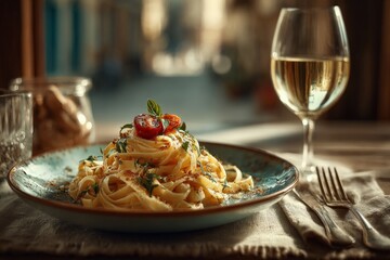 Delicious pasta dish served with white wine in a cozy restaurant during a warm evening