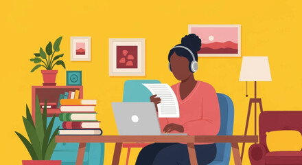 Woman working from home at her desk, perfect for illustrating remote work, freelance, or online learning.