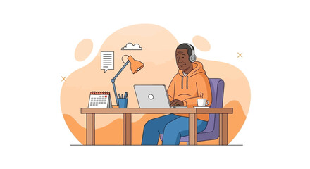 Fototapeta premium African American man working from home, using laptop and headphones. Perfect for blog posts, websites, and articles about remote work.