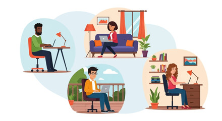Diverse group of people working remotely from home, perfect for illustrating work from home, remote work, or telecommuting concepts.