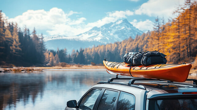 A crossover with a fixed kayak is parked near a mountain lake on a clear day — concept of adventure, active recreation and tourism in nature - Powered by Adobe