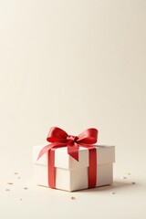 Fototapeta premium A pristine white gift box adorned with a vibrant red ribbon, elegantly presented against a muted background, scattered with tiny celebratory accents.