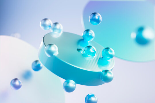 Glossy 3D spheres float in abstract space, ideal for science, tech, or healthcare.