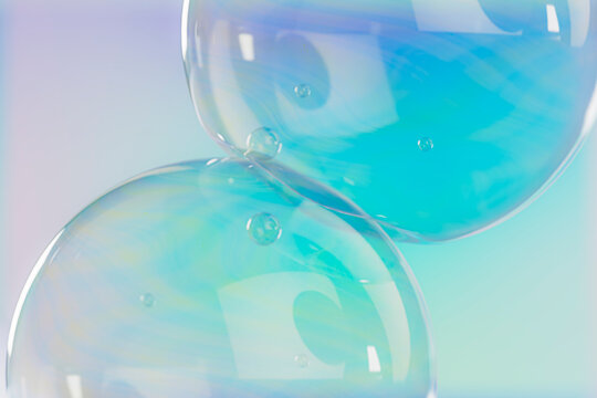 3D liquid soap bubbles in soft pastel tones, ideal for biotech, health, or skincare design.