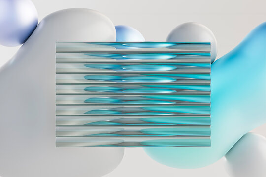 Abstract 3D shapes merge with glass distortion, evoking advanced design and visual research