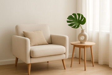 Cozy armchair with plant and side table in a bright minimalist room