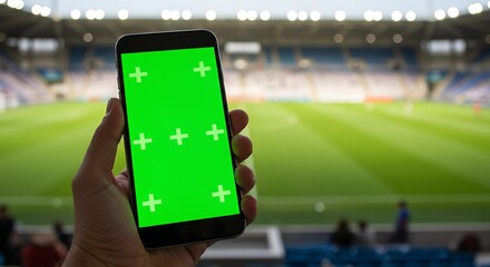 Hand holding smartphone with green screen in stadium, soccer field and seats blurred in the background.
