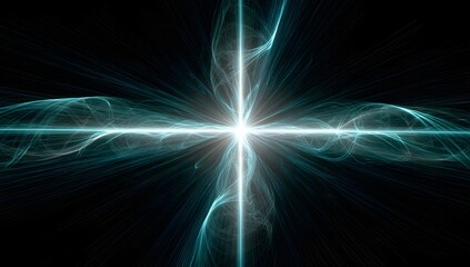 Futuristic glowing energy cross with symmetrical light waves on dark background