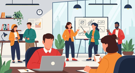 Diverse team brainstorming and collaborating in a modern office setting. Ideal for websites, presentations, and marketing materials.