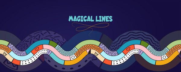 geometric line background with memphis style pattern, vector graphic background with lines in memphis pattern, memphis wave element of squiggly line design, web header banner background design