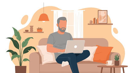Man working from home on laptop, relaxing on sofa. Ideal for blog posts, websites, or articles about remote work.