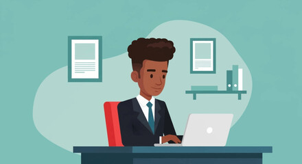 African American businessman working on laptop in modern office. Ideal for websites, presentations, and brochures.