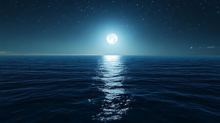 Calm dark night sky full of stars above tranquil ocean with bright moon reflection on glowing water