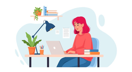 Young woman working on laptop at home office, perfect for blog, website or social media.