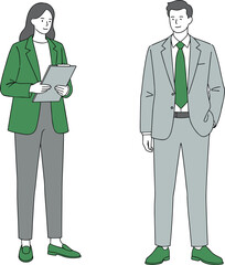Corporate professionals standing, woman with clipboard, man in suit and tie, formal office attire, modern workplace team, business illustration vector

 flat vector illustration