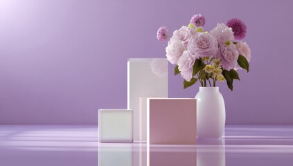 Pastel-colored display with flowers and geometric shapes