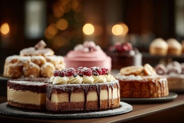 Delicious selection of various cakes displayed on a wooden table in a cozy bakery during the holiday season