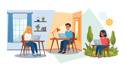 Diverse team working remotely: indoors and outdoors, perfect for illustrating flexible work arrangements.