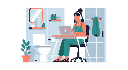 Woman working on laptop in bathroom, modern minimalist illustration for blog or website.