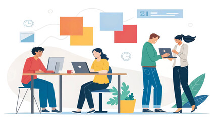 Diverse team collaborating on a project, ideal for website landing pages or brochures showcasing teamwork and productivity.