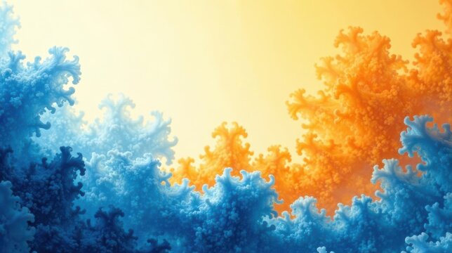 Abstract fractal artwork depicting vibrant, contrasting hues of blue and orange, creating a mesmerizing, organic landscape of swirling, textured forms