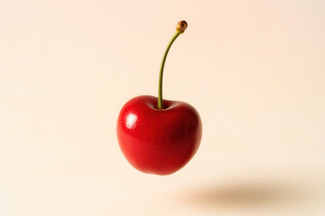 Single Ripe Cherry Floating Against a Light Beige Background