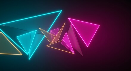 Stunning neon triangles glowing in vibrant pink blue and gold against a dark background for dynamic design