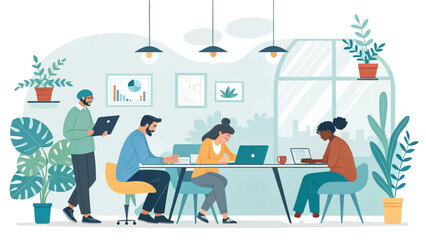 Diverse team collaborating in a modern office, perfect for illustrating teamwork and productivity on a company website or brochure.