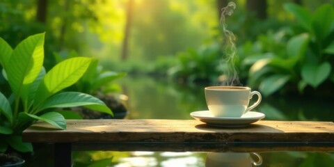 Serene Morning A steaming cup of coffee rests on a rustic wooden surface, overlooking a tranquil water feature, nestled amongst vibrant green foliage bathed in the soft glow of sunrise.