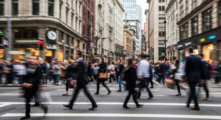 Busy city street scene with pedestrians crossing.