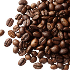 Close up macro shot of roasted coffee beans with rich brown color and textured surface isolated on transparent background