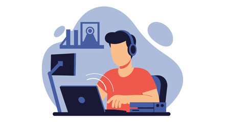 Young man working from home, using laptop and headphones. Perfect for blog, website or social media.