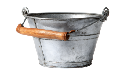 A small, rustic galvanized metal pail, with a wooden handle, ideal for holding small garden tools or decorative flowers, isolated on a pure Transparent background.
