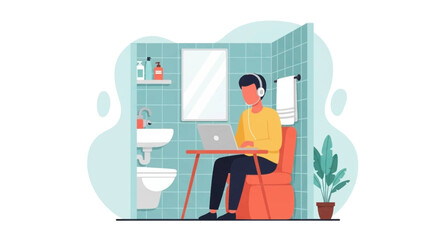 Person working on laptop in a small bathroom, ideal for illustrating remote work challenges or unusual workspaces.