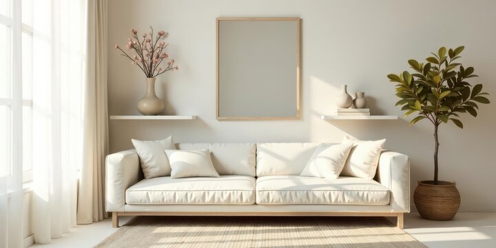 Serene Living Room Interior Design with Neutral Tones and Natural Elements, Featuring a Comfortable Sofa and a Minimalist Aesthetic