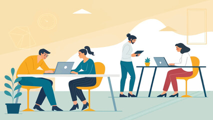 Modern office workers collaborating on projects, ideal for website banners or presentations.