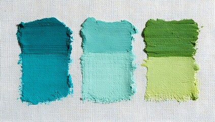 Hand-painted green and turquoise color swatches on canvas texture background

