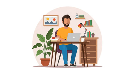 Man working from home on laptop, perfect for illustrating remote work, freelance, or home office concepts.
